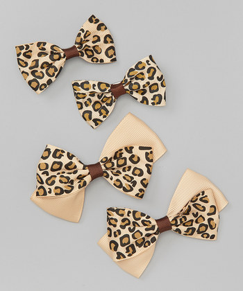 Leopard Bow Clip Set - Beige