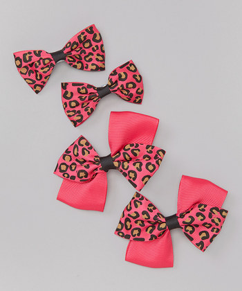 Leopard Bow Clip Set - Hot Pink