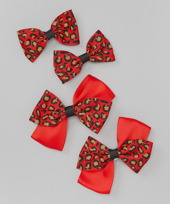 Leopard Bow Clip Set - Red