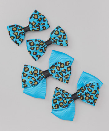 Leopard Bow Clip Set - Turquoise