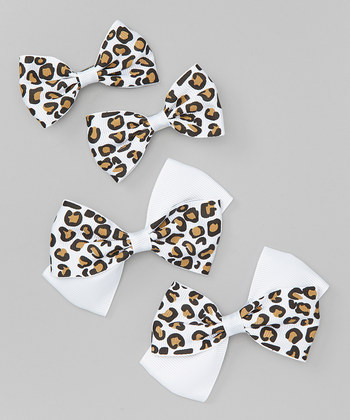 Leopard Bow Clip Set - White